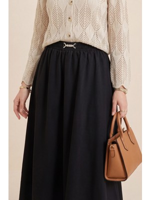 Moda Morfo Beli Lastikli Toka Detaylı Kot Etek -Siyah