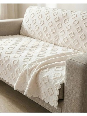 Kumaşçıtr Lüks Jakarlı Şönil Koltuk Örtüsü - Kaymaz Taban Premium Çekyat Örtüsü - 175X215 cm Ekru
