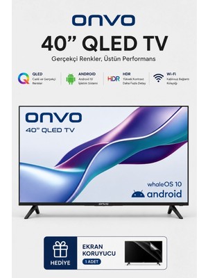 Onvo 40 Inç 102 Ekran Smart QLED Tv Dahili Uydu Alıcılı Full Hd Wi-Fi Android Işletim Sistemi Youtube Netflix Ekran Koruyucu Hediyeli