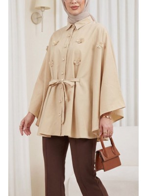 Trend Cojans Incili Çiçek Detaylı Kuşaklı Poplin Panço  -Bej