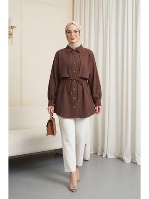 Moda Morfo Beli Bağlamalı Bolero Detaylı Taşlı Düğmeli Gömlek  -K. Kahve