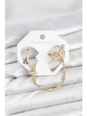 Vice Avm Pirinç Gold Renk Yıldızlı Model Zincir Bağlantılı Ear Cuff Küpe Seti - TJ-BKP11540 TG-1395 346803