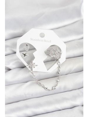 Vice Avm Kutup Yıldızı Model Pirinç Gümüş Renk Zincir Bağlantılı Ear Cuff Küpe Seti - TJ-BKP11551 TG-1395 346813