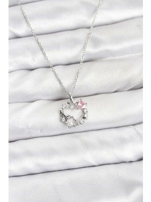 Vice Avm 316L Çelik Zincir Gümüş Renk Pembe Taş Detaylı Çelenk Model Kadın Kolye - TJ-BKO10902 TG-1395 347064