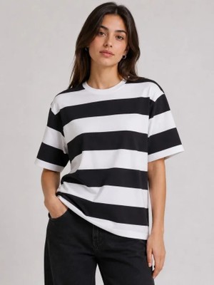 Miracotton Çizgili Oversize Tişört Bisiklet Yaka Kısa Kol Yazlık T-Shirt - Siyah