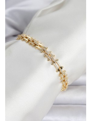 Getittir Pirinç Gold Renk Kare Zincir Model Zirkon Taşlı Kadın Bileklik - Lisinya
