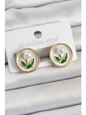 Vice Avm Pirinç Beyaz Mineli Lale Figürlü Sanatsal Portre Model Gold Renk Kadın Küpe - TJ-BKP10675 TG-1395 348817