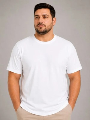 Defy Moda Erkek Battal Big Size Basic Tişört Bisiklet Yaka Rahat Kalıp T-Shirt - Beyaz