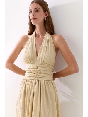 Halter Yaka Drapeli Elbise Bej