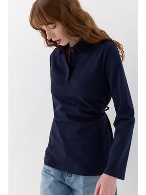 Belden Bağlama Detaylı Polo Yaka Sweatshirt Lacivert