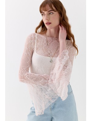 Dantel Asimetrik Romantik Kol Bluz Pembe