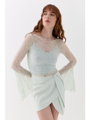 Dantel Asimetrik Romantik Kol Bluz Mint