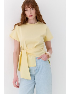 Bağlamalı Oversize Interlok Bluz Sarı