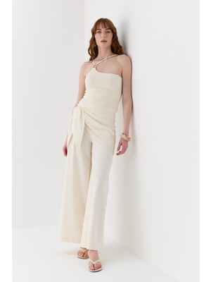 Fular Detaylı Tailored Fit Pantolon Ekru