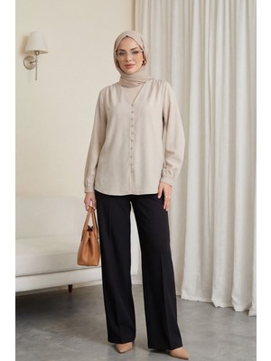 Moda Morfo V Yaka Düğmeli Arkası Uzun Gömlek   -Krem