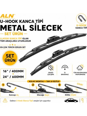 ALN Metal Silecek Seti - Ön Takım(2li) & U-Hook Kanca Tipi Tüm Araçlarla Uyumlu - 16 (400MM) & 24 (600MM)