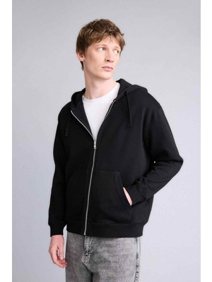 DeFacto Relax Fit Kapüşonlu İçi Yumuşak Tüylü Kalın Kumaş Fermuarlı Sweatshirt D7599AX26SP