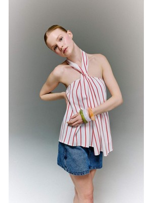 DeFacto Regular Fit Halter Yaka Çizgili Belmando Kolsuz Bluz F6160AX26SM
