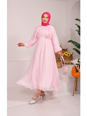 JAG Önü Fırfırlı Bağcık Detaylı Tesettür Elbise Pembe