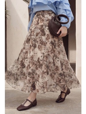inStyle Soft Çiçek Desen Şifon Saten Etek Kahverengi