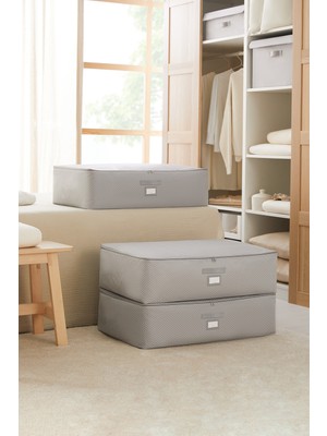 Ocean Home Textile 3 Adet Mega Boy Gri Balıksırtı Baza Altı Yastık Yorgan Kazak Hurcu, Hurç 74x46x22 cm