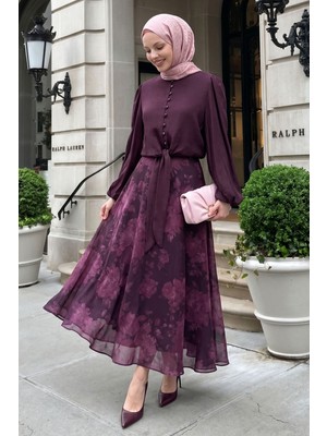 inStyle Bağlamalı Bluzlu Mürdüm Etekli Takım