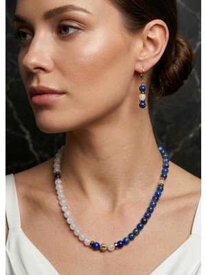 Woona Lapis Lazuli Taşı  & Ay Taşı 6mm Premium Aa Kalite Doğaltaş El Yapımı Kolye Küpe Set
