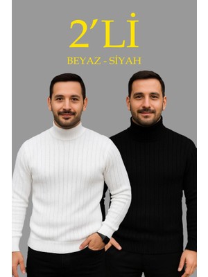 İlk El Grup Ieg™ Erkek Fitilli Triko Kazak 2li Set Beyaz Siyah Regular Balıkcı Yaka Tam Boğazlı Triko Seti