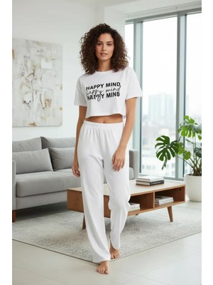 İlk El Grup Ieg™ Kadın Beyaz Baskılı Crop T-Shirt Pantolon Takım Rahat Günlük Kombin 2’li Set