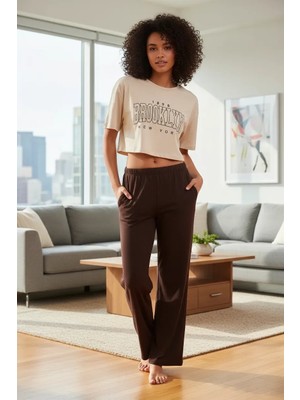 İlk El Grup Ieg™ Kadın Kum Kahve Baskılı Crop T-Shirt ve Pantolon Takım Rahat Günlük Kombin