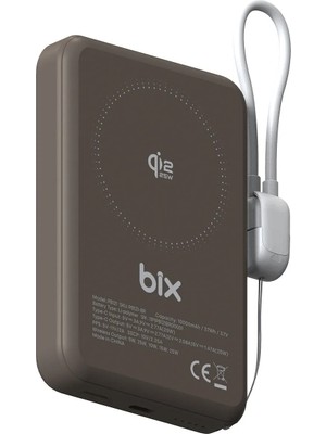Bix PB121 Qi2.2 Sertifikalı 25W Kablosuz Magsafe PD 3.0 10000mAh Semi-Solid State Powerbank Dahili USB-C Kablolu Taşınabilir Hızlı Şarj Cihazı Kahverengi