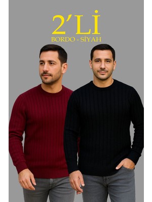 İlk El Grup Ieg™ Fitilli Triko Kazak 2’li Set – Siyah  Bordo, Kalın Dokuma Pamuklu Regular Fit Bisiklet Y