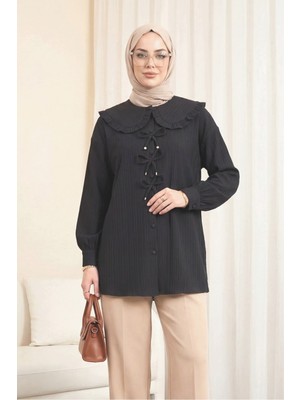 Moda Morfo Önü Kurdele Detaylı Düğmeli Önlük Yaka Gömlek   -Siyah