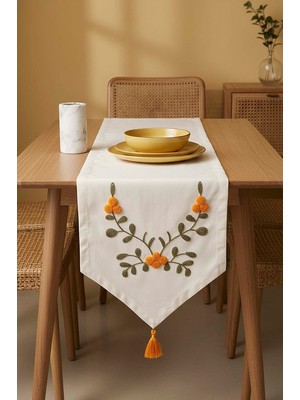 Sarı Çiçek Nakışlı Vintage Keten Runner 35X140 cm