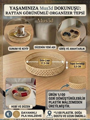MUS3D Rattan Görünümlü Dekoratif Organizer Tepsi - 17,5 cm Yuvarlak Sunum ve Takı Tepsisi - Plastiktir