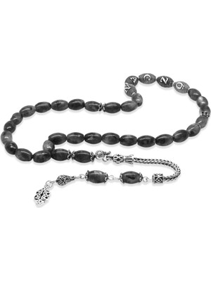 Tesbihane Doğaltaş Larkavit Tesbih - 925 Ayar Gümüş Püsküllü - Kişiye Özel Isim Yazılı - Arpa Kesim
