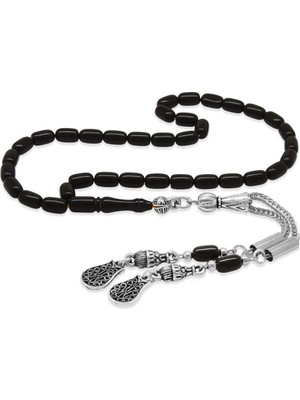 Tesbihane Sıkma Kehribar Tesbih - Mini Boy - Kararmaz Metal Lale Püsküllü - Siyah - Kapsül Kesim