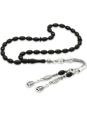 Tesbihane Sıkma Kehribar Tesbih - Kararmaz Metal Damla Püsküllü - Mini Boy - Siyah Renk - Arpa Kesim