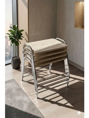 Eryalux Home 4'lü Tepsi Model Gümüş-Traverten Modern Sehpa