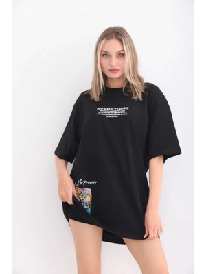 Dogutrend Unisex Bisiklet Yaka Baskılı Oversize T-Shirt - Siyah