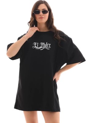 Dogutrend Unisex Bisiklet Yaka Baskılı Oversize T-Shirt - Siyah
