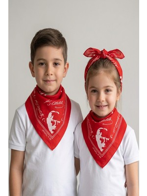 Sibel Günay Butik 25'li Atatürk Imzalı ve Silüetli Kırmızı Bandana & Fular - Çocuk ve Yetişkin | Unisex | 52*53 cm