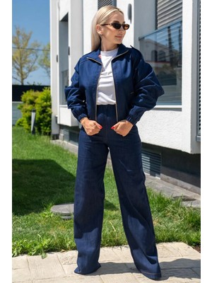 Muna Boutique Kadın Denim Takım Astarlı Ceket ve Lastikli Bel Pantolon