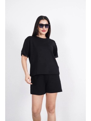 Dogutrend Osy Modal Yumuşak Dokulu Kumaş Bisiklet Yaka T-Shirt Kısa Şort Ikili Takım - Siyah
