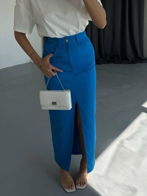 Dogutrend Gabardin Uzun Önden Yırtmaçlı Etek - Saks