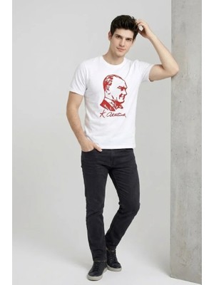 Dogutrend Erkek Atatürk Baskılı Tişört Kısa Kollu Bisiklet Yaka T-Shirt - Beyaz