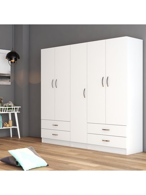 Tanmob AFTAN 5 Kapılı Beyaz Gardrop Modern Tasarım Suntalam Malzemeden Üretilmiştir GRD0701