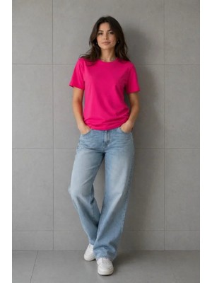 Artsviva Basic Pamuklu Tişört Bisiklet Yaka Düz Renk Relaxed Fit T-Shirt - Fuşya