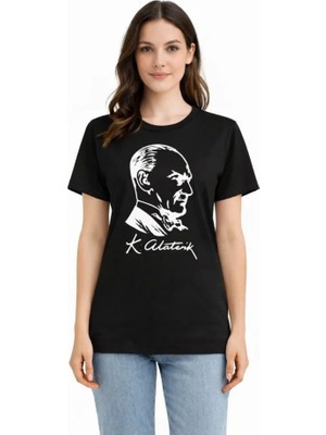 Dogutrend Atatürk Baskılı Tişört Kısa Kollu Bisiklet Yaka T-Shirt - Siyah