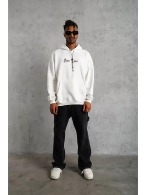 Dogutrend Erkek Sırt Baskılı Oversize Üç Iplik Kapüşonlu Sweatshirt - Beyaz